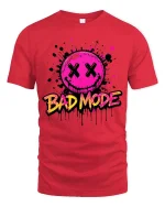 Bad Mode Smiley T-Shirt Neon Streetwear Graphic Tee - red t-shirt on white background