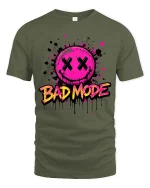 Bad Mode Smiley T-Shirt Neon Streetwear Graphic Tee - military green t-shirt on white background