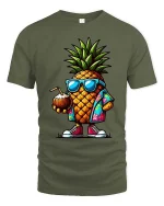 Cool Pineapple T-Shirt Tropical Summer Graphic Tee Fun - military green t-shirt on white background