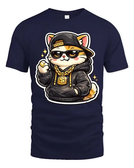 Cool Cat T-Shirt Streetwear Hip Hop Kitten Graphic Tee - navy t-shirt on white background