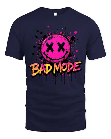 Bad Mode Smiley T-Shirt Neon Streetwear Graphic Tee - navy t-shirt on white background