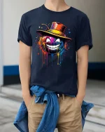 Colorful Grinning Pumpkin T-Shirt Halloween Street Art - model wearing navy tee with hands in pockets