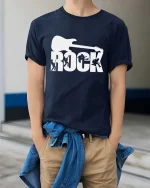 Rock Guitar T-Shirt Music Lover Band Graphic Tee Cool - model wearing navy tee with hands in pockets