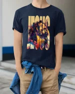 Jesus Art T-Shirt Christian Faith Colorful Graphic Tee - model wearing navy tee with hands in pockets