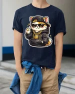 Cool Cat T-Shirt Streetwear Hip Hop Kitten Graphic Tee - model wearing navy tee with hands in pockets