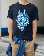 Wolf Skull T-Shirt Viking Mythology Dark Graphic Tee - model wearing navy tee with hands in pockets