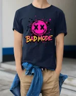 Bad Mode Smiley T-Shirt Neon Streetwear Graphic Tee - model wearing navy tee with hands in pockets