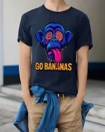 Go Bananas Monkey T-Shirt Funny Neon Graphic Tee Cool - model wearing navy tee with hands in pockets