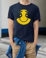 Smiley Face Hands T-Shirt Cool Minimal Graphic Tee Fun - model wearing navy tee with hands in pockets