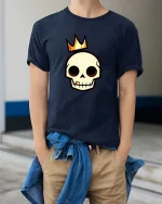 Crowned Skull T-Shirt Minimal Gothic Graphic Tee Cool - model wearing navy tee with hands in pockets