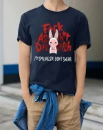 Funny Bunny Attitude T-Shirt Cute Sarcastic Graphic Tee - model wearing navy tee with hands in pockets