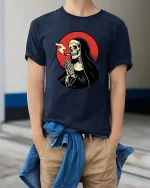 Smoking Grim Reaper T-Shirt Dark Gothic Skull Graphic - model wearing navy tee with hands in pockets