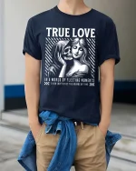 True Love Skull Couple T-Shirt Gothic Romantic Graphic - model wearing navy tee with hands in pockets