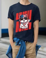 USA Cat T-Shirt Patriotic Funny Kitten Graphic Tee - model wearing navy tee with hands in pockets