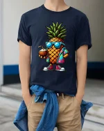 Cool Pineapple T-Shirt Tropical Summer Graphic Tee Fun - model wearing navy tee with hands in pockets
