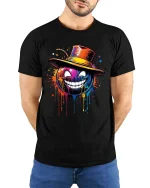 Colorful Grinning Pumpkin T-Shirt Halloween Street Art - model wearing black tee with hands behind back