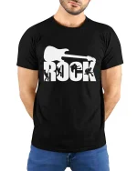 Rock Guitar T-Shirt Music Lover Band Graphic Tee Cool - model wearing black tee with hands behind back