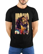 Jesus Art T-Shirt Christian Faith Colorful Graphic Tee - model wearing black tee with hands behind back