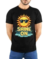 Shine On Sun T-Shirt Positive Summer Graphic Tee Fun - model wearing black tee with hands behind back