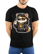 Cool Cat T-Shirt Streetwear Hip Hop Kitten Graphic Tee - model wearing black tee with hands behind back