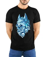 Wolf Skull T-Shirt Viking Mythology Dark Graphic Tee - model wearing black tee with hands behind back