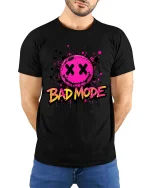 Bad Mode Smiley T-Shirt Neon Streetwear Graphic Tee - model wearing black tee with hands behind back