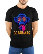 Go Bananas Monkey T-Shirt Funny Neon Graphic Tee Cool - model wearing black tee with hands behind back