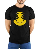 Smiley Face Hands T-Shirt Cool Minimal Graphic Tee Fun - model wearing black tee with hands behind back