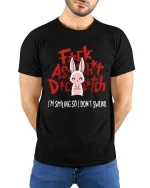 Funny Bunny Attitude T-Shirt Cute Sarcastic Graphic Tee - model wearing black tee with hands behind back