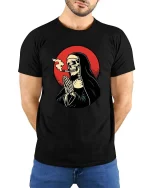 Smoking Grim Reaper T-Shirt Dark Gothic Skull Graphic - model wearing black tee with hands behind back