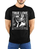 True Love Skull Couple T-Shirt Gothic Romantic Graphic - model wearing black tee with hands behind back