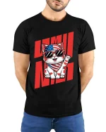 USA Cat T-Shirt Patriotic Funny Kitten Graphic Tee - model wearing black tee with hands behind back