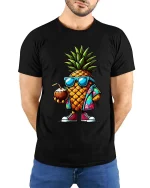 Cool Pineapple T-Shirt Tropical Summer Graphic Tee Fun - model wearing black tee with hands behind back