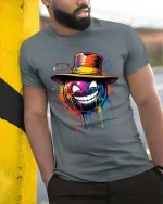 Colorful Grinning Pumpkin T-Shirt Halloween Street Art - model wearing grey tee, leaning on column