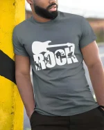 Rock Guitar T-Shirt Music Lover Band Graphic Tee Cool - model wearing grey tee, leaning on column
