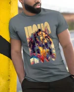 Jesus Art T-Shirt Christian Faith Colorful Graphic Tee - model wearing grey tee, leaning on column