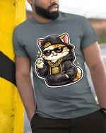 Cool Cat T-Shirt Streetwear Hip Hop Kitten Graphic Tee - model wearing grey tee, leaning on column
