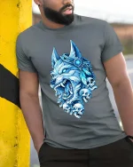 Wolf Skull T-Shirt Viking Mythology Dark Graphic Tee - model wearing grey tee, leaning on column