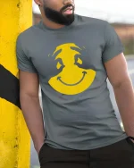 Smiley Face Hands T-Shirt Cool Minimal Graphic Tee Fun - model wearing grey tee, leaning on column
