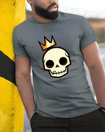 Crowned Skull T-Shirt Minimal Gothic Graphic Tee Cool - model wearing grey tee, leaning on column