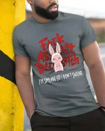 Funny Bunny Attitude T-Shirt Cute Sarcastic Graphic Tee - model wearing grey tee, leaning on column