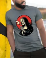 Smoking Grim Reaper T-Shirt Dark Gothic Skull Graphic - model wearing grey tee, leaning on column