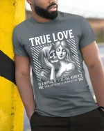 True Love Skull Couple T-Shirt Gothic Romantic Graphic - model wearing grey tee, leaning on column