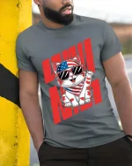USA Cat T-Shirt Patriotic Funny Kitten Graphic Tee - model wearing grey tee, leaning on column
