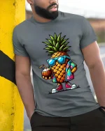 Cool Pineapple T-Shirt Tropical Summer Graphic Tee Fun - model wearing grey tee, leaning on column