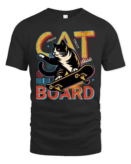 Cat Skateboard T-Shirt Urban Street Cool Graphic Tee - black t-shirt on white background