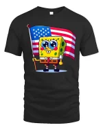 Cute Cartoon Sponge USA Flag T-Shirt Patriotic Graphic - black t-shirt on white background