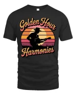 Golden Hour Guitar T-Shirt Vintage Sunset Music Graphic - black t-shirt on white background