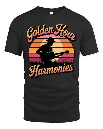 Golden Hour Guitar T-Shirt Vintage Sunset Music Graphic - black t-shirt on white background