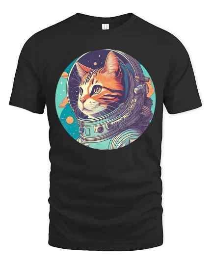 Astronaut Cat T-Shirt Space Galaxy Retro Graphic Tee - black t-shirt on white background